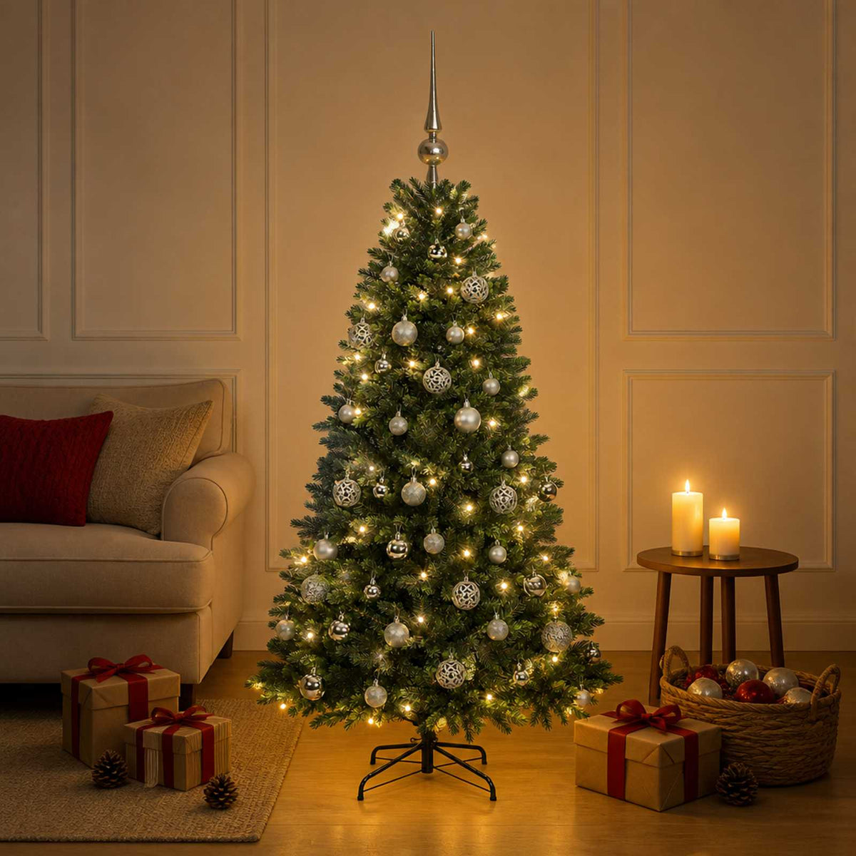 vidaXL Sztuczna choinka z bombkami 120 cm 150 LED Ciepła biel