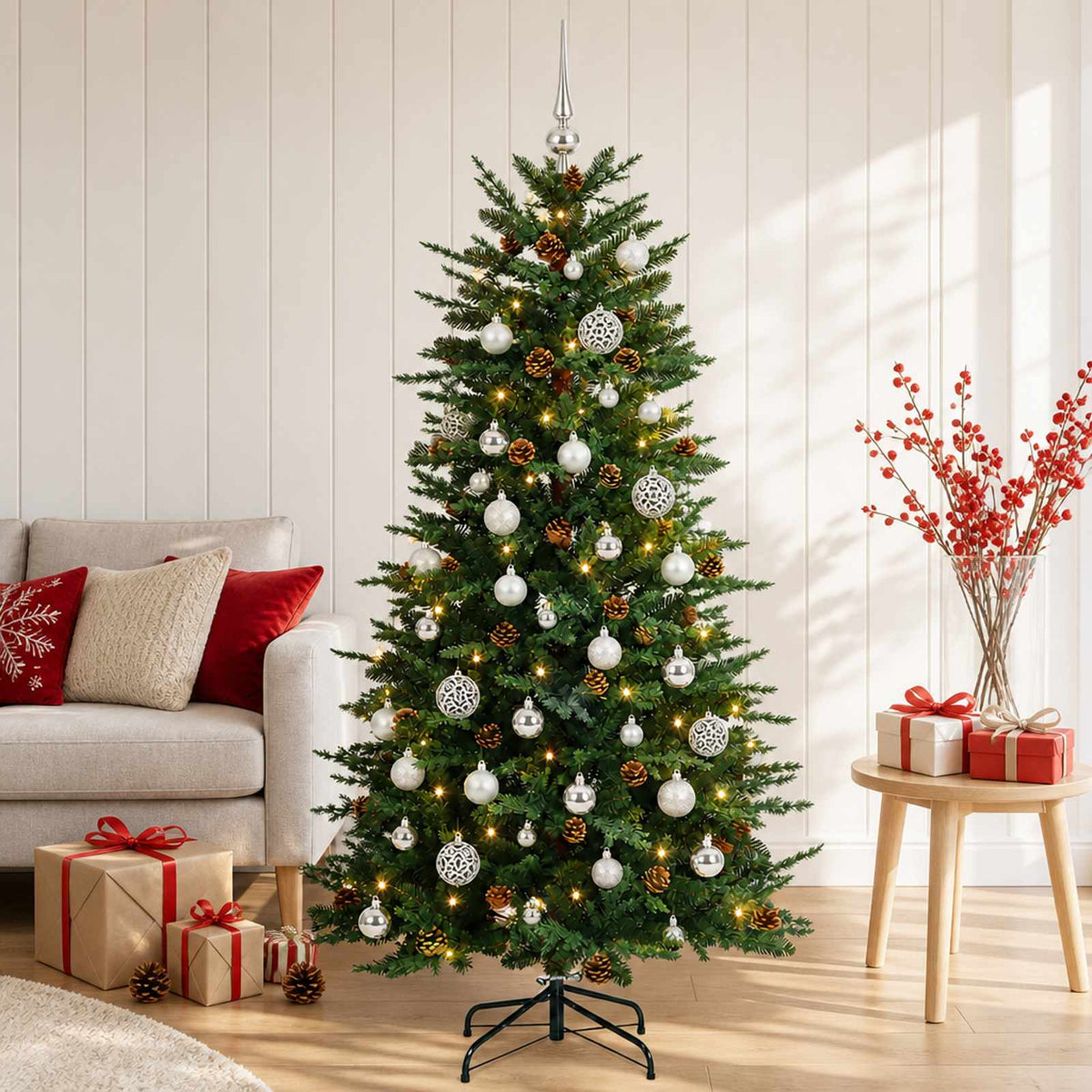 vidaXL Sztuczna choinka z bombką 150 cm 150 LED Ciepła biel PE i PVC