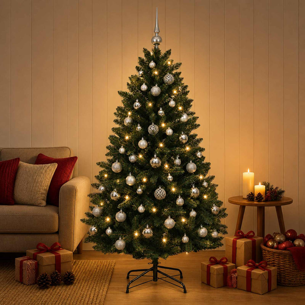 vidaXL Sztuczna choinka, ciemnozielona, z bombkami 150 cm 150 LED