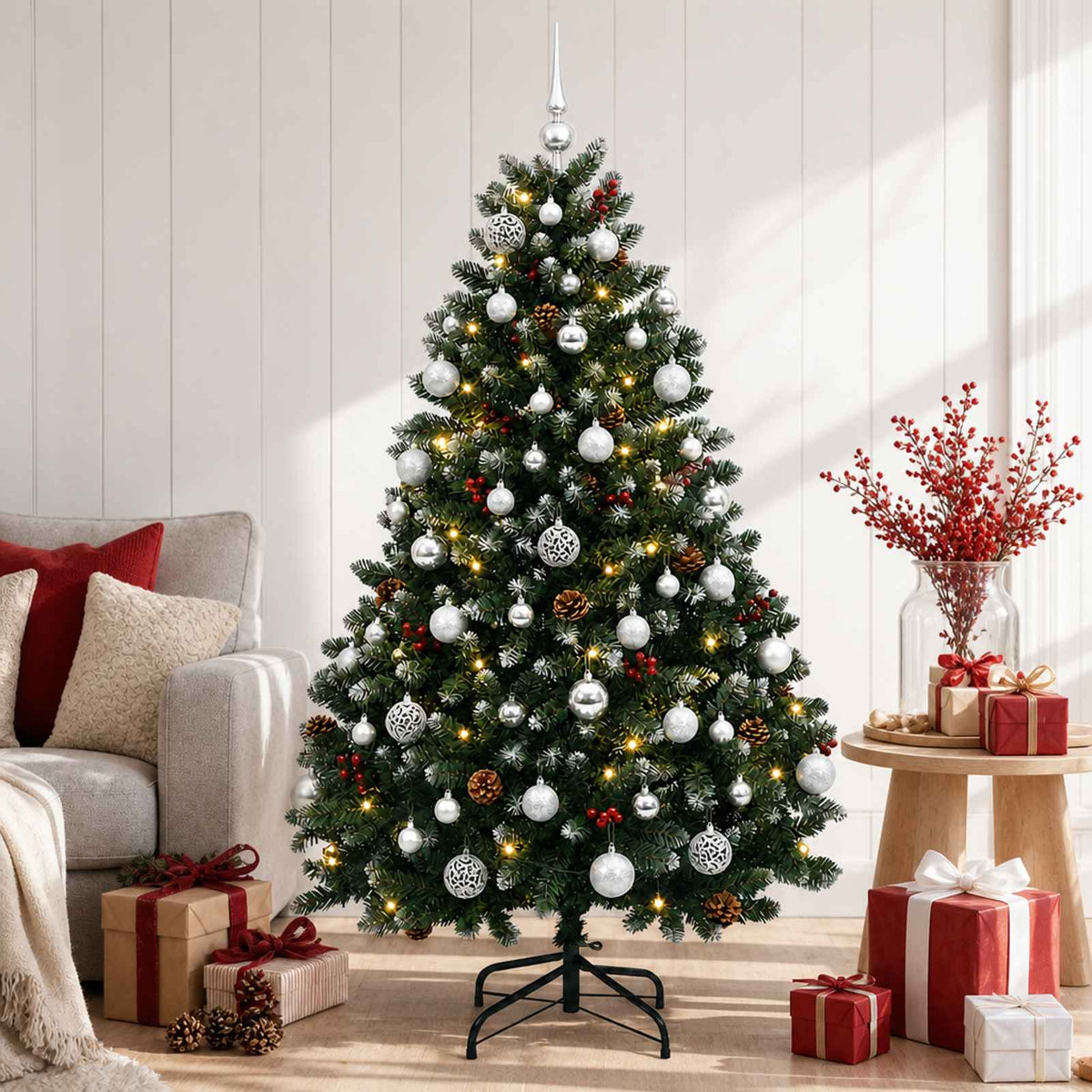 vidaXL Sztuczna choinka, zielona, z bombkami 150 cm 150 LED