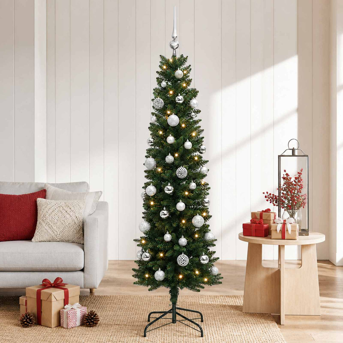vidaXL Sztuczna wąska choinka z bombkami 120 cm 150 LED Ciepła biel