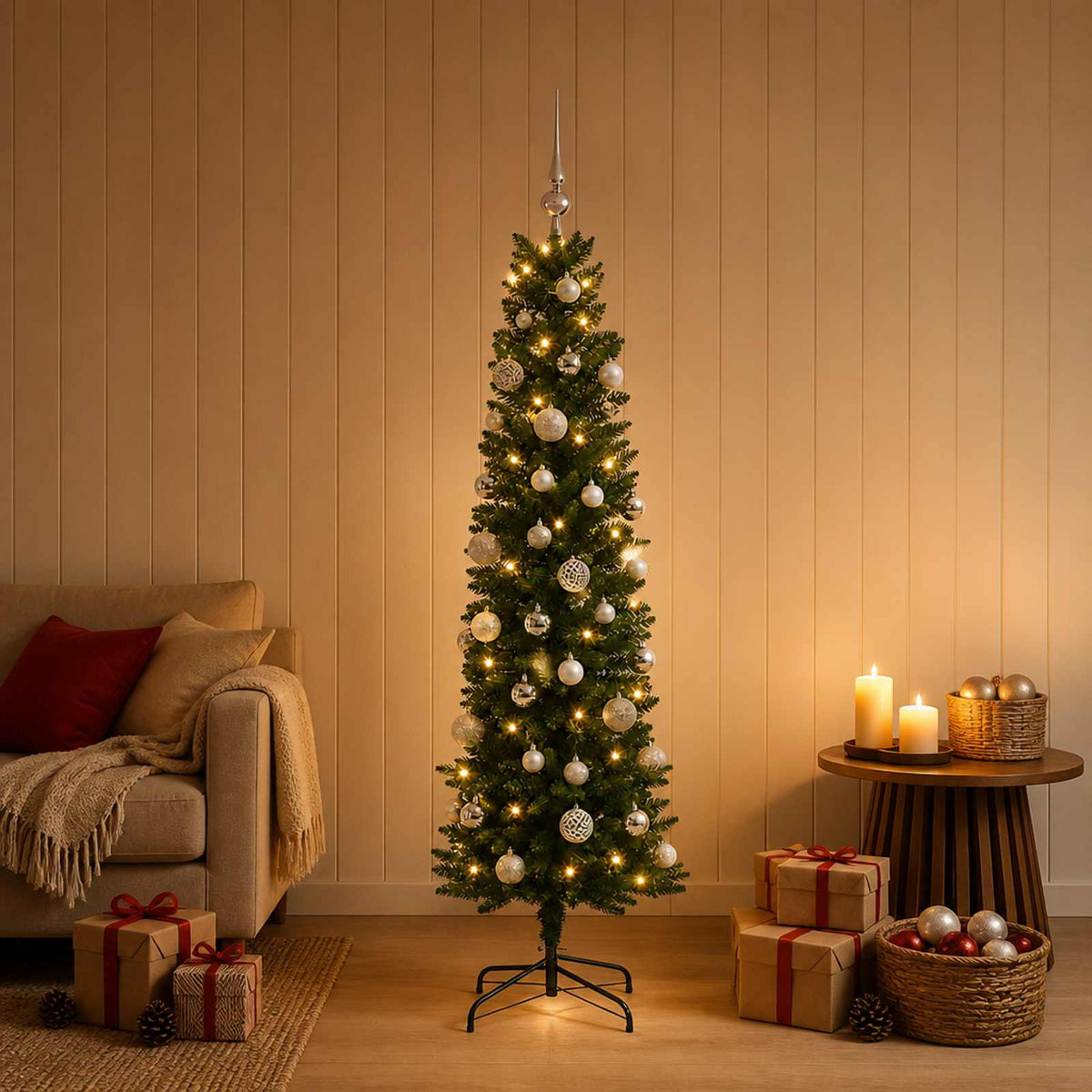 vidaXL Sztuczna wąska choinka z bombkami 150 cm 150 LED Ciepła biel