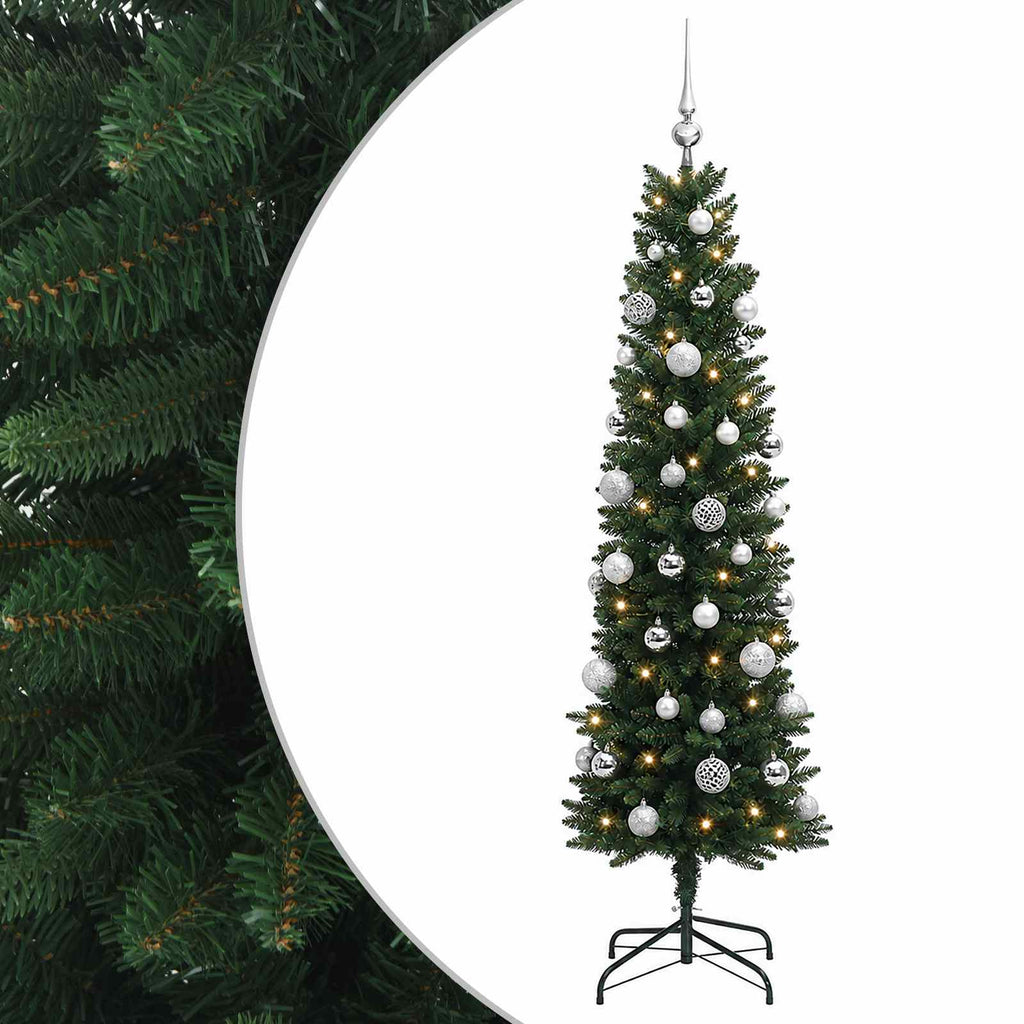 vidaXL Sztuczna wąska choinka z bombkami 150 cm 150 LED Ciepła biel