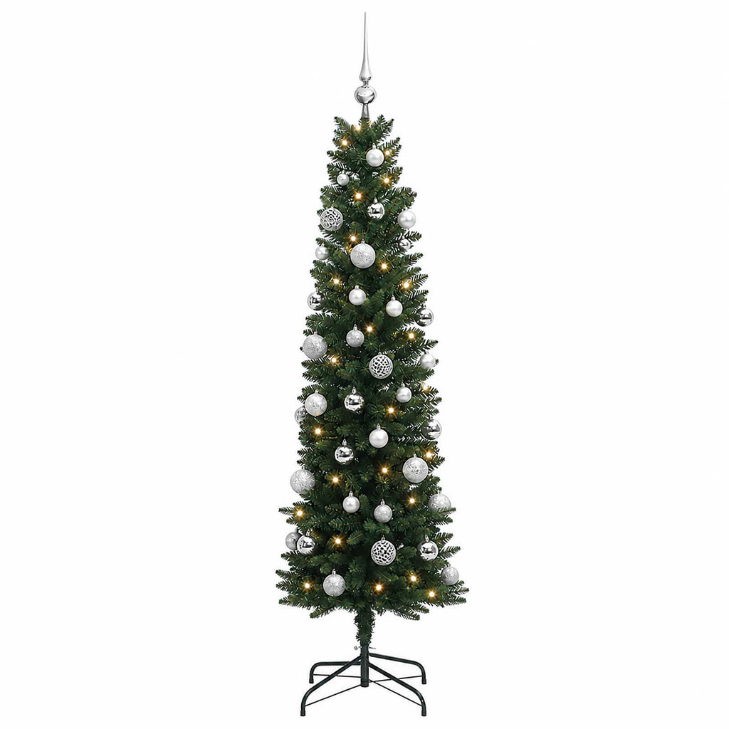 vidaXL Sztuczna wąska choinka z bombkami 150 cm 150 LED Ciepła biel