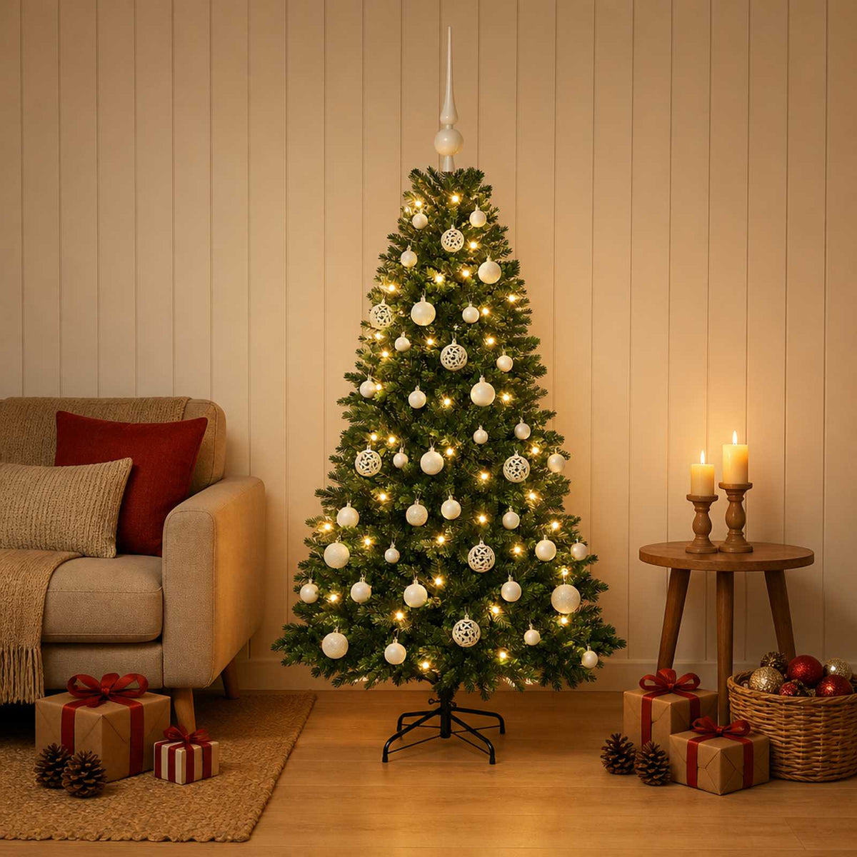 vidaXL Sztuczna choinka z bombkami 120 cm 150 LED Ciepła biel