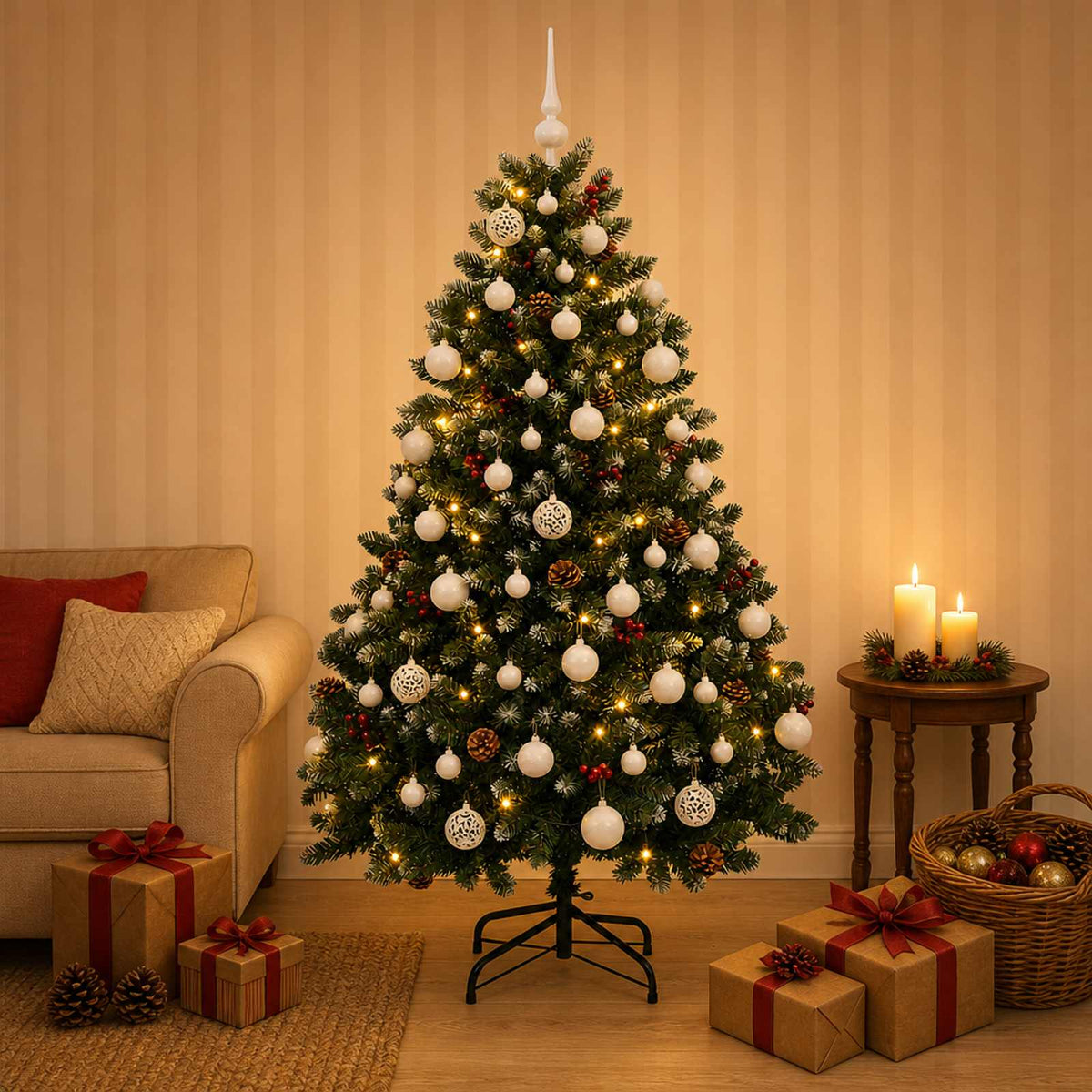 vidaXL Sztuczna choinka, zielona, z bombkami 150 cm 150 LED