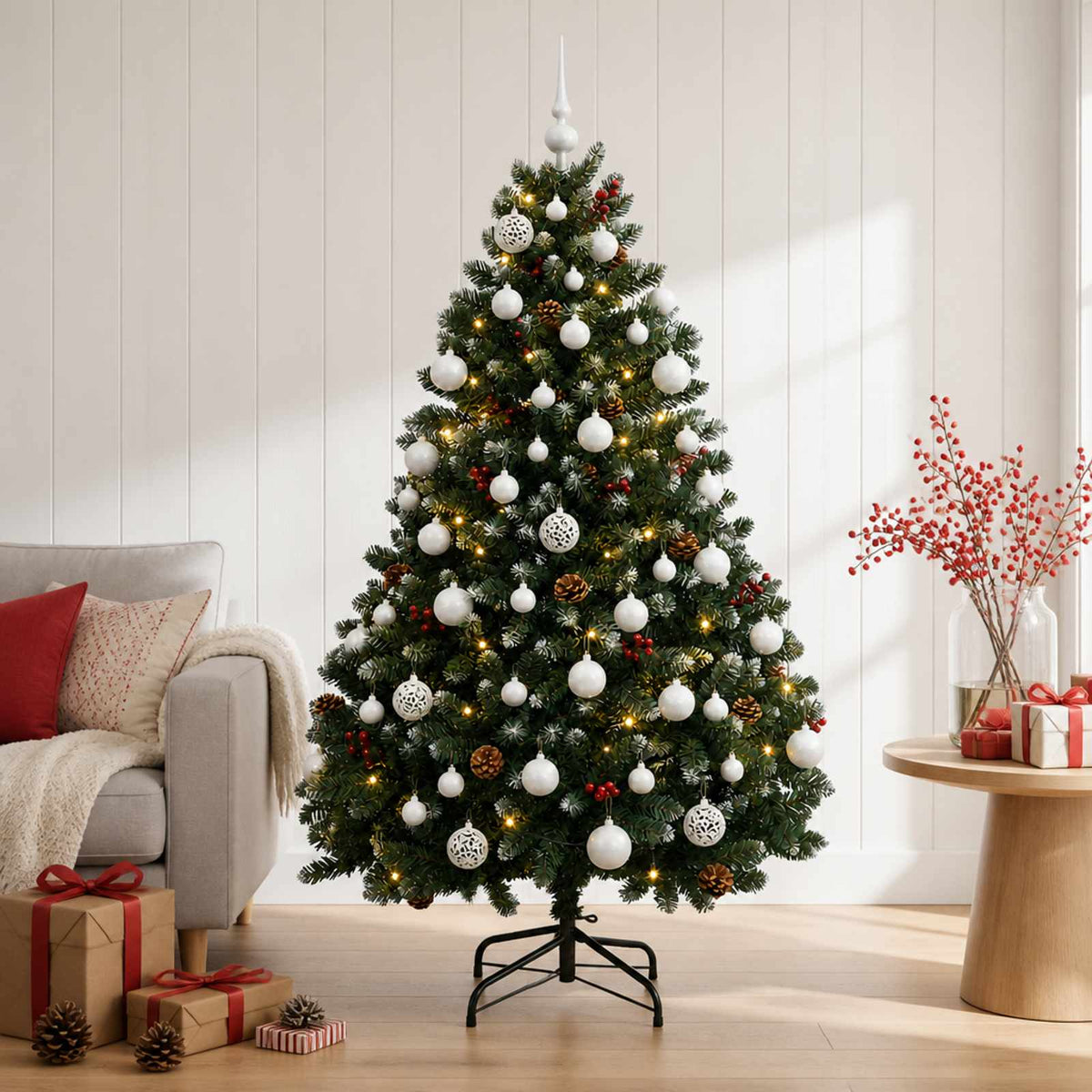 vidaXL Sztuczna choinka, zielona, z bombkami 150 cm 150 LED