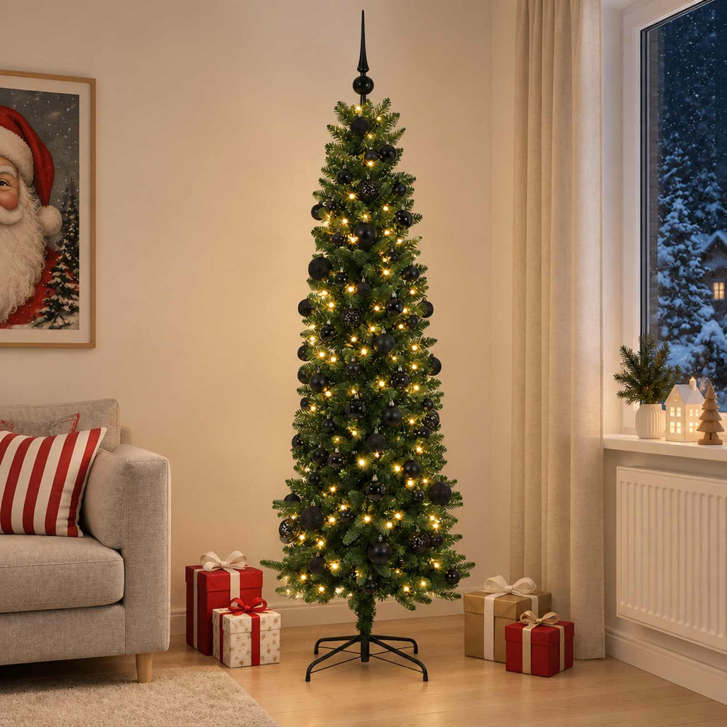 vidaXL Sztuczna wąska choinka z bombkami 210 cm 300 LED Ciepła biel