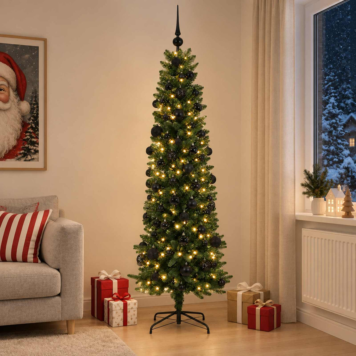 vidaXL Sztuczna wąska choinka z bombkami 210 cm 300 LED Ciepła biel
