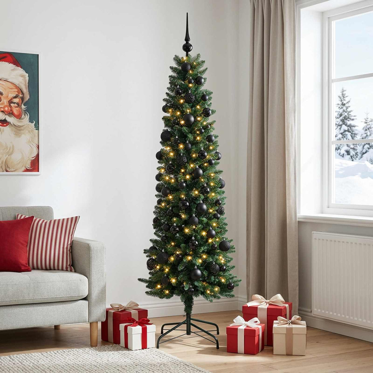 vidaXL Sztuczna wąska choinka z bombkami 210 cm 300 LED Ciepła biel