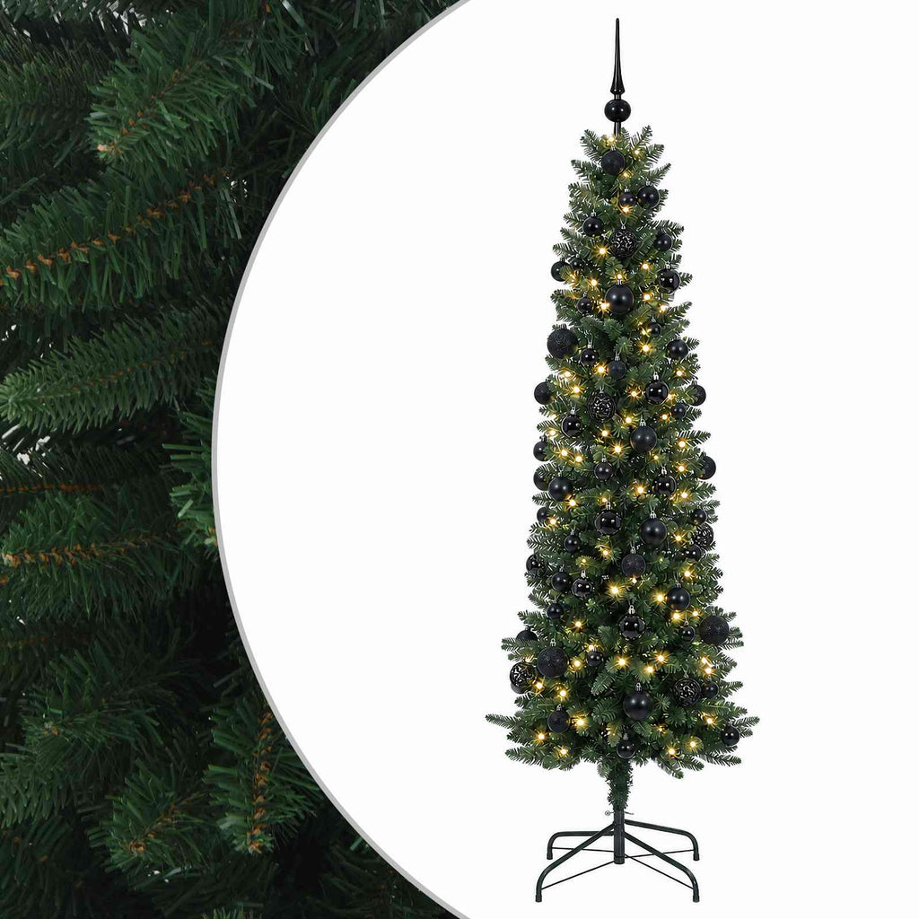 vidaXL Sztuczna wąska choinka z bombkami 210 cm 300 LED Ciepła biel