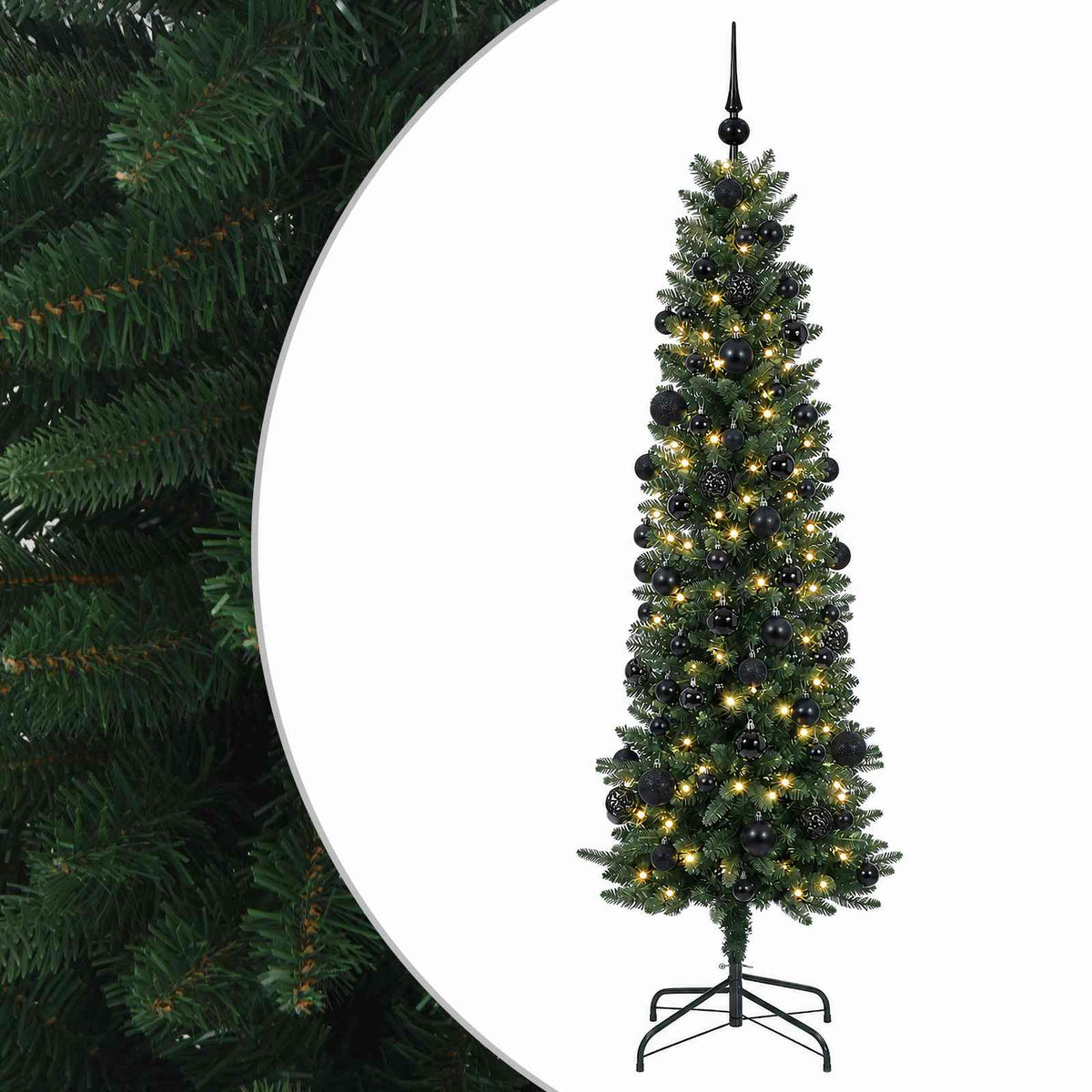 vidaXL Sztuczna wąska choinka z bombkami 210 cm 300 LED Ciepła biel