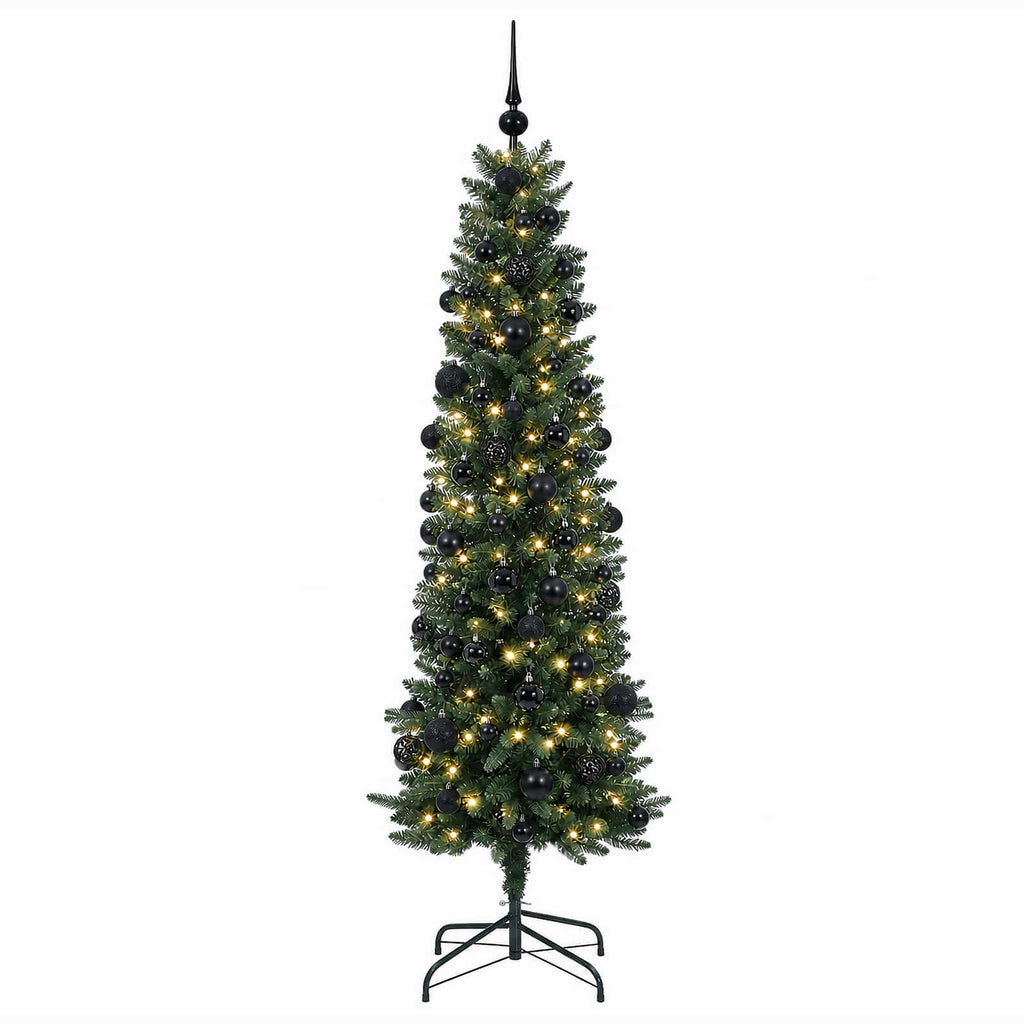 vidaXL Sztuczna wąska choinka z bombkami 210 cm 300 LED Ciepła biel