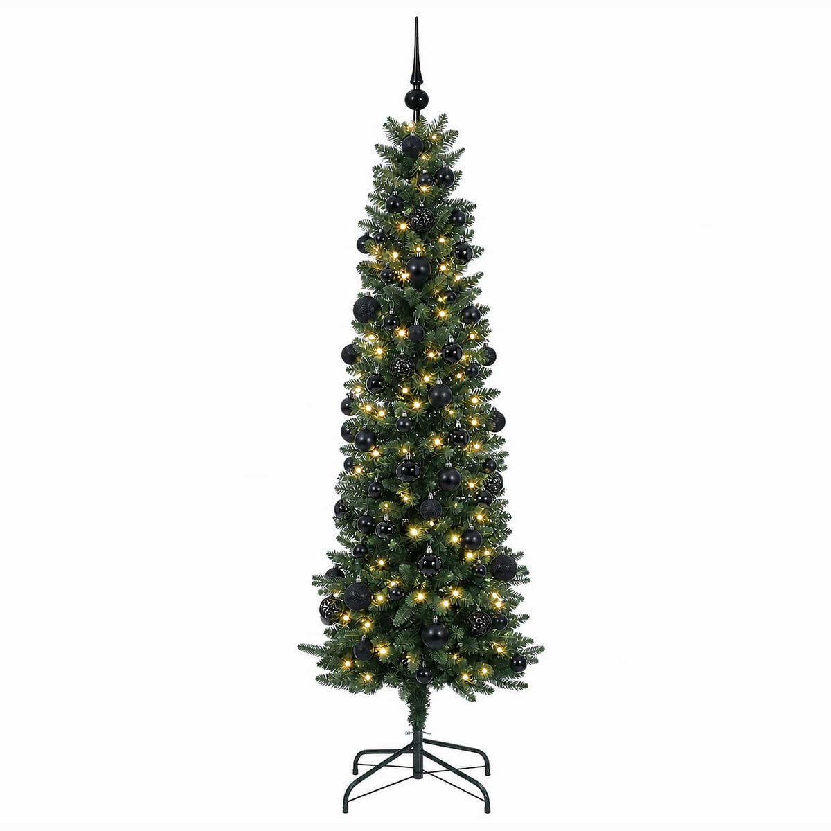 vidaXL Sztuczna wąska choinka z bombkami 210 cm 300 LED Ciepła biel