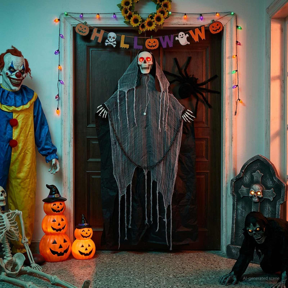 vidaXL Wiszący ponury żniwiarz na Halloween SPOOKA Czarny 112 x 164 cm