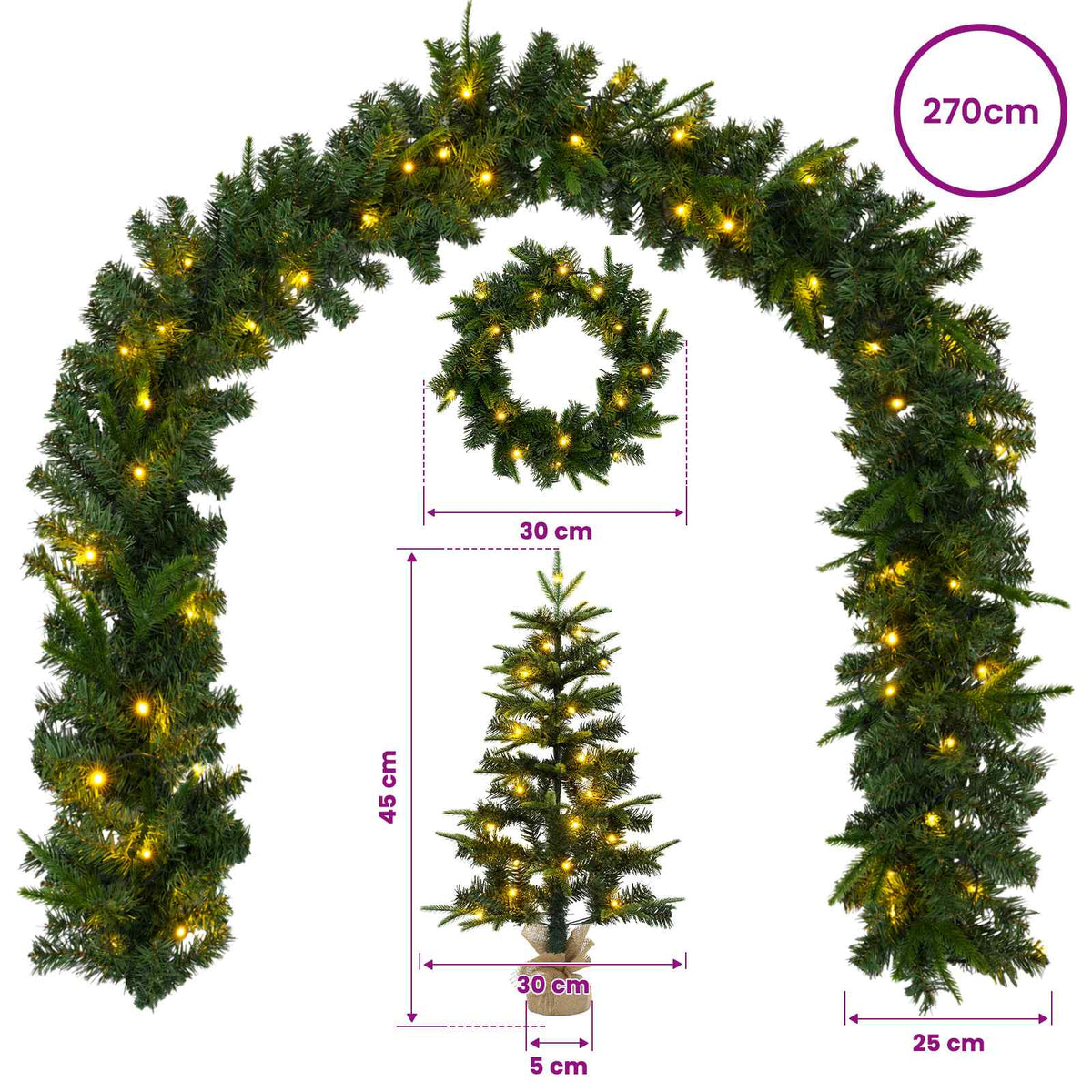 vidaXL Zestaw mini choinek 45 cm 125 LED Ciepła biel PVC i PE zielony