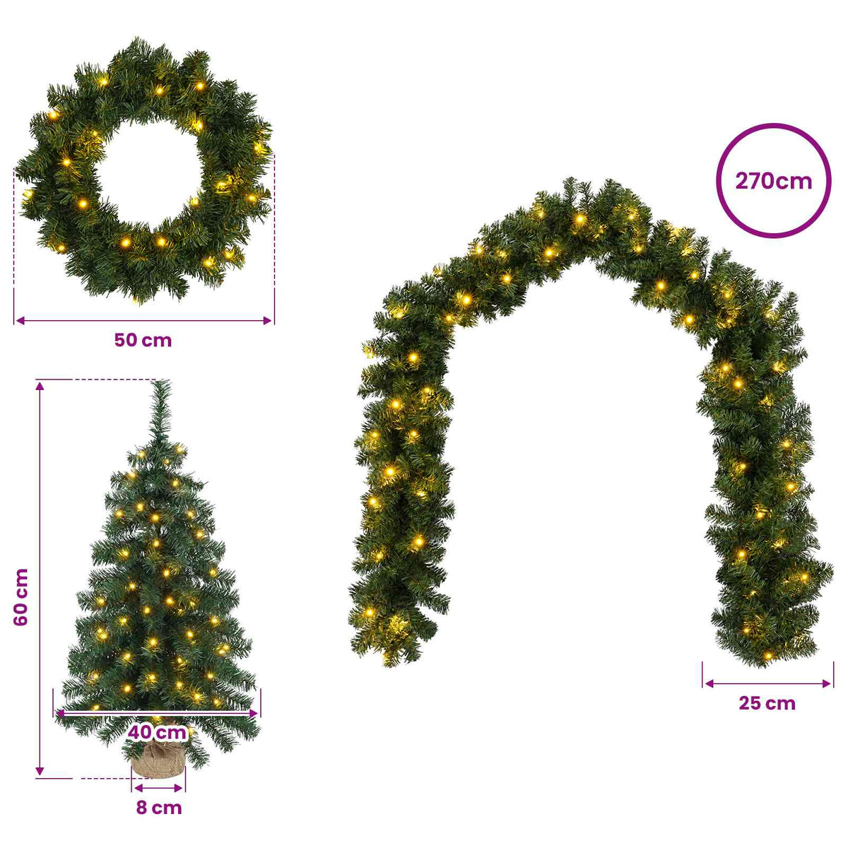 vidaXL Zestaw mini choinek 60 cm 125 LED Ciepła biel PVC zielony