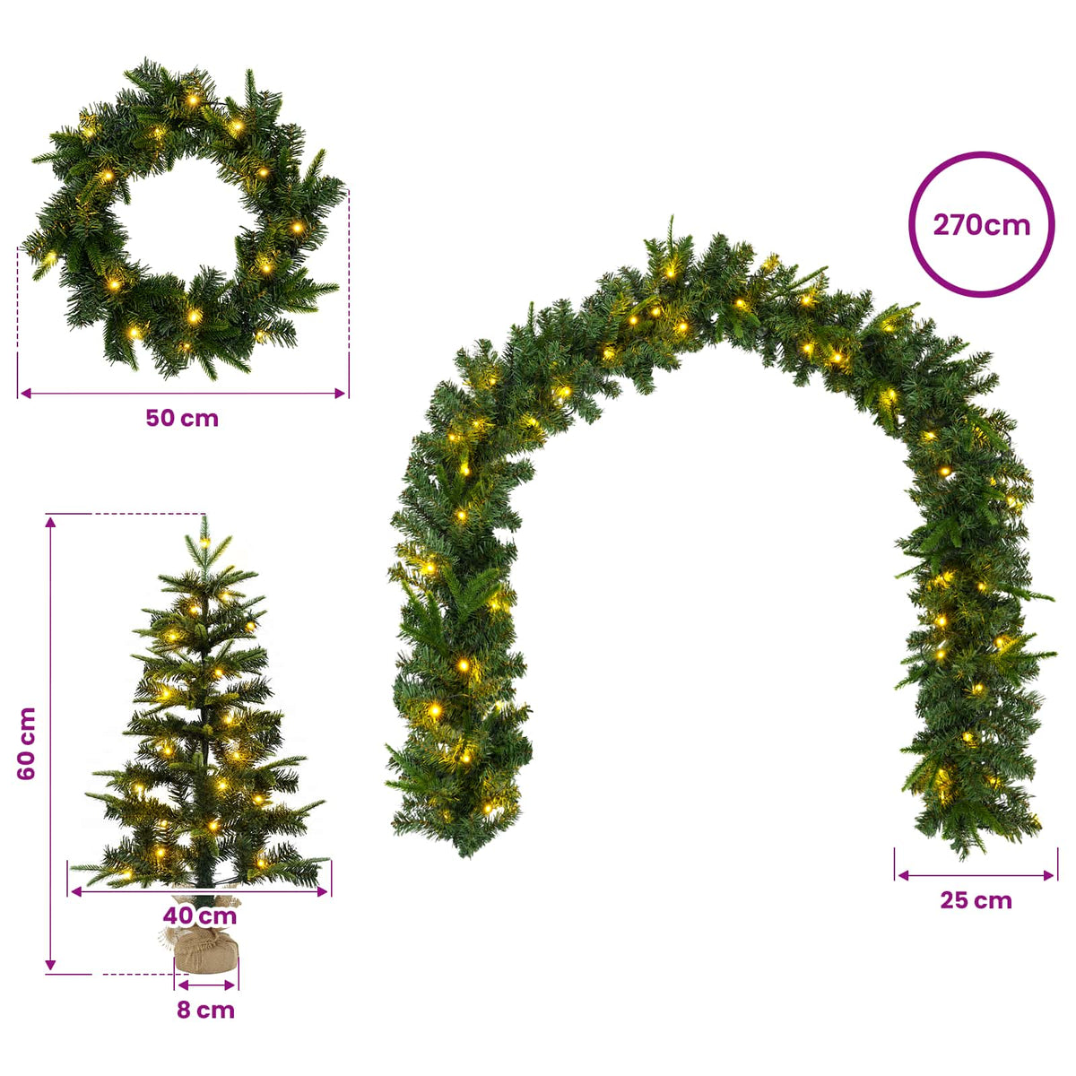 vidaXL Zestaw mini choinek 60 cm 125 LED Ciepła biel PVC i PE zielony
