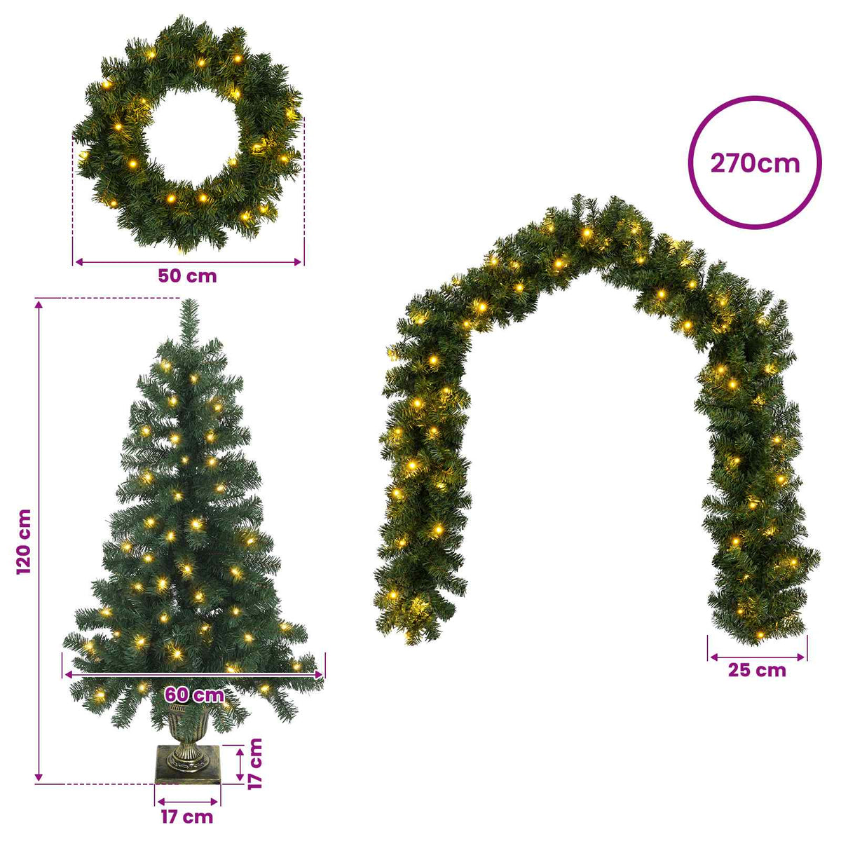 vidaXL Zestaw mini choinek 120 cm 275 LED Ciepła biel PVC zielony