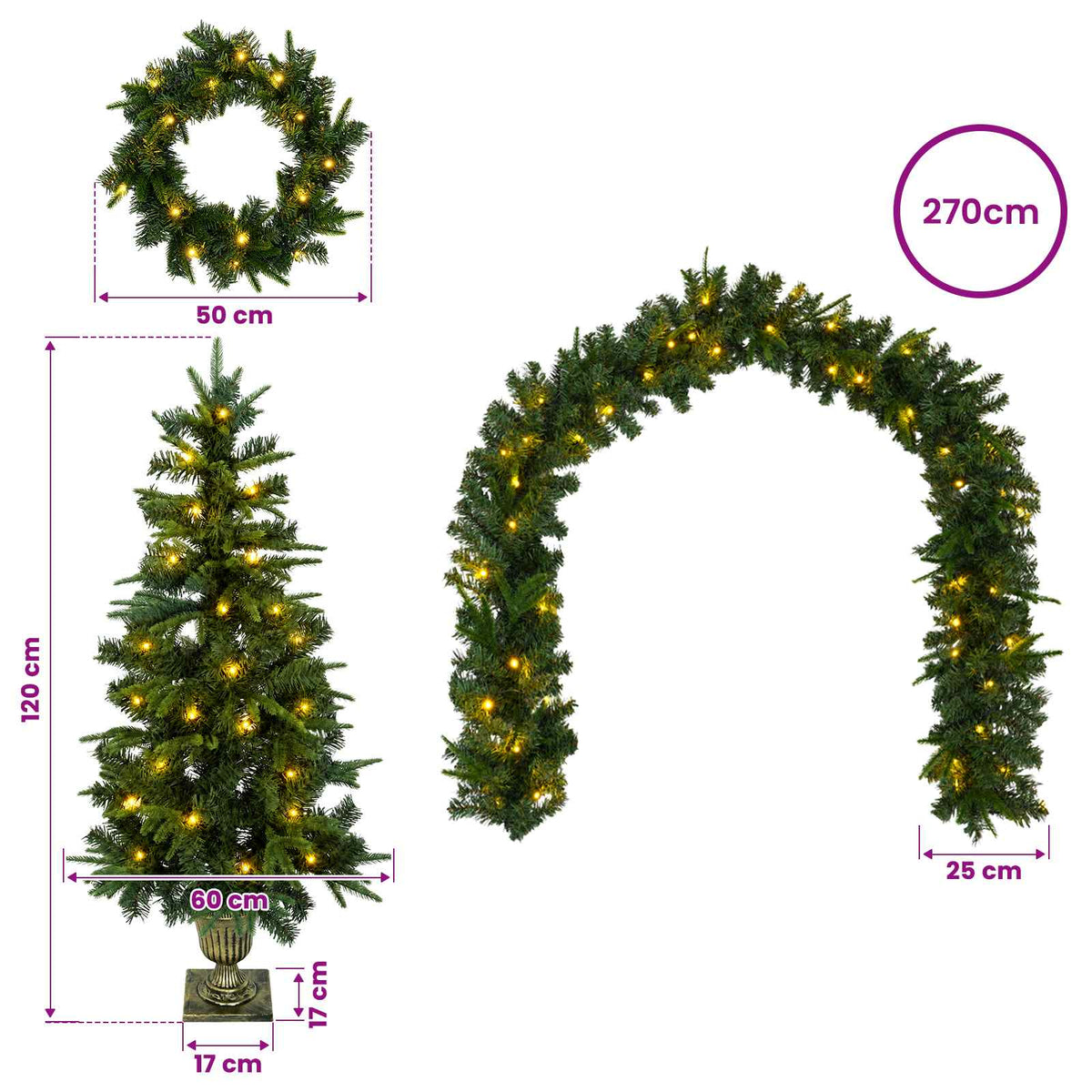 vidaXL Zestaw mini choinek 120 cm 275 LED Ciepła biel PVC i PE zielony