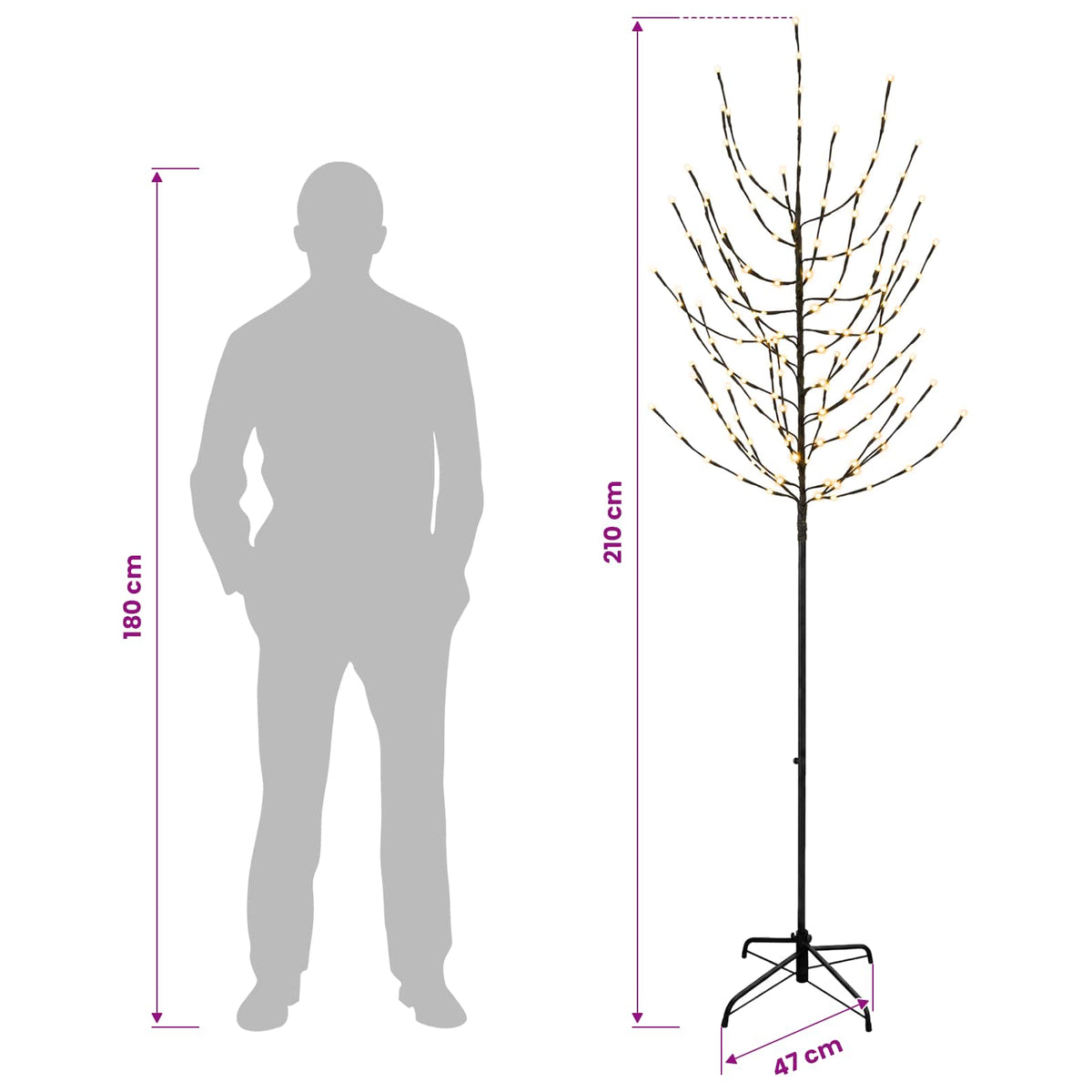 vidaXL Choinka świąteczna LED Czarny 47 x 210 cm Stal 180 LED