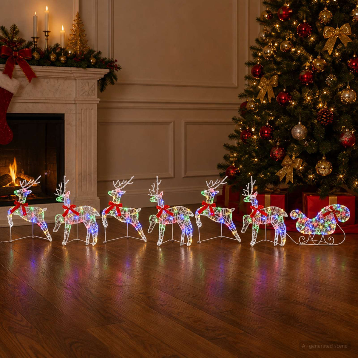 vidaXL Renifer świąteczny z saniami 7 szt. 140 LED Wielokolorowy