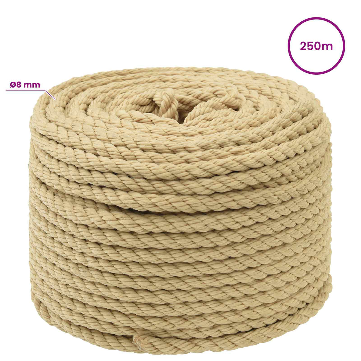 vidaXL Wielofunkcyjna lina gospodarcza 8 mm 250 m naturalny PP