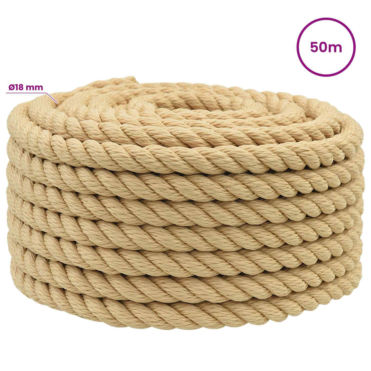 vidaXL Wielofunkcyjna lina gospodarcza 18 mm 50 m naturalny PP