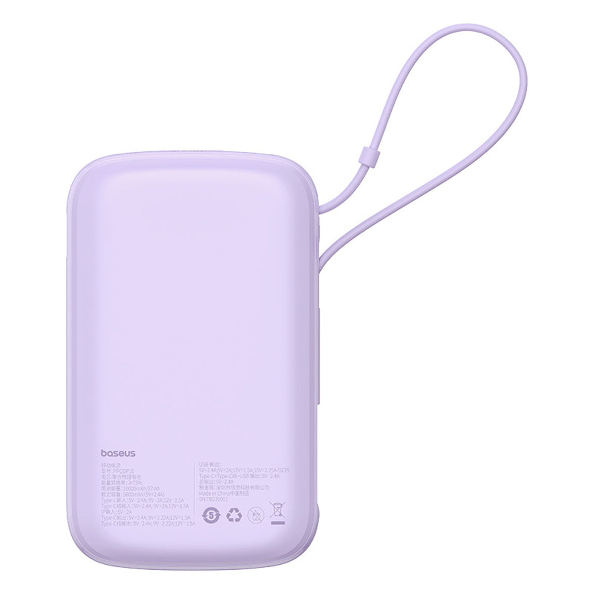 Powerbank Baseus Qpow Pro+ 10000mAh 22.5W z wbudowanym kablem USB-C z wyświetlaczem - fioletowy