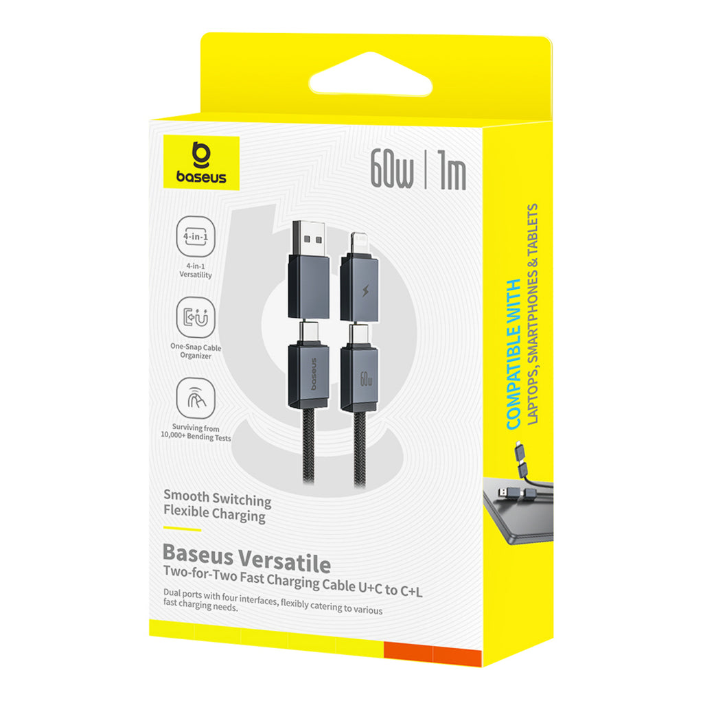 Kabel Baseus Versatile 60W USB-C - USB-C z adapterami USB-A i Lighting 1m - czarny