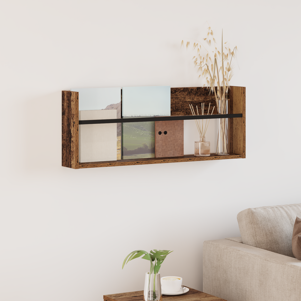 vidaXL Regał na gazety z półką Stare drewno 80 x 12 x 30 cm