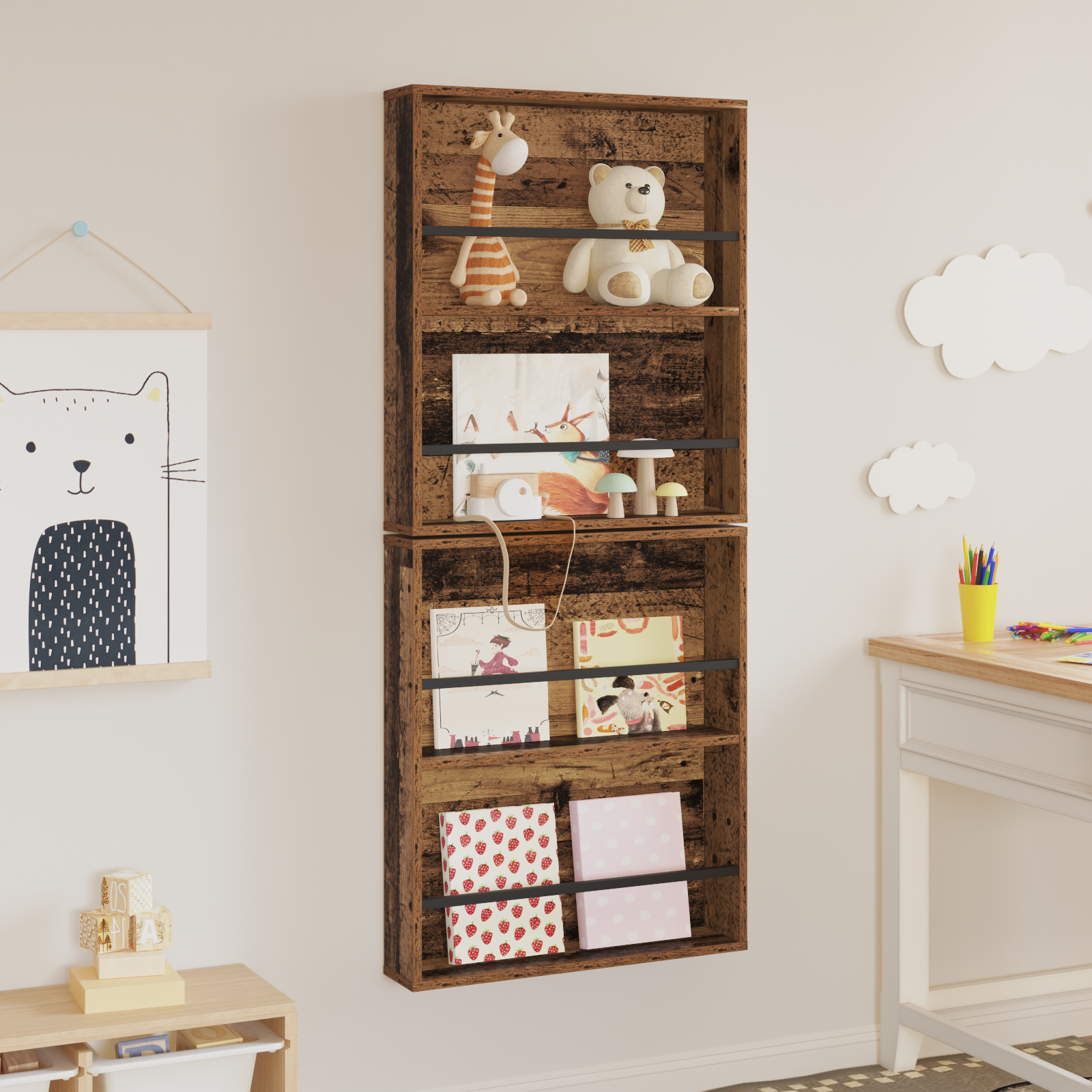vidaXL Regał na gazety z półką 2 szt. Stare drewno 60 x 12 x 70 cm
