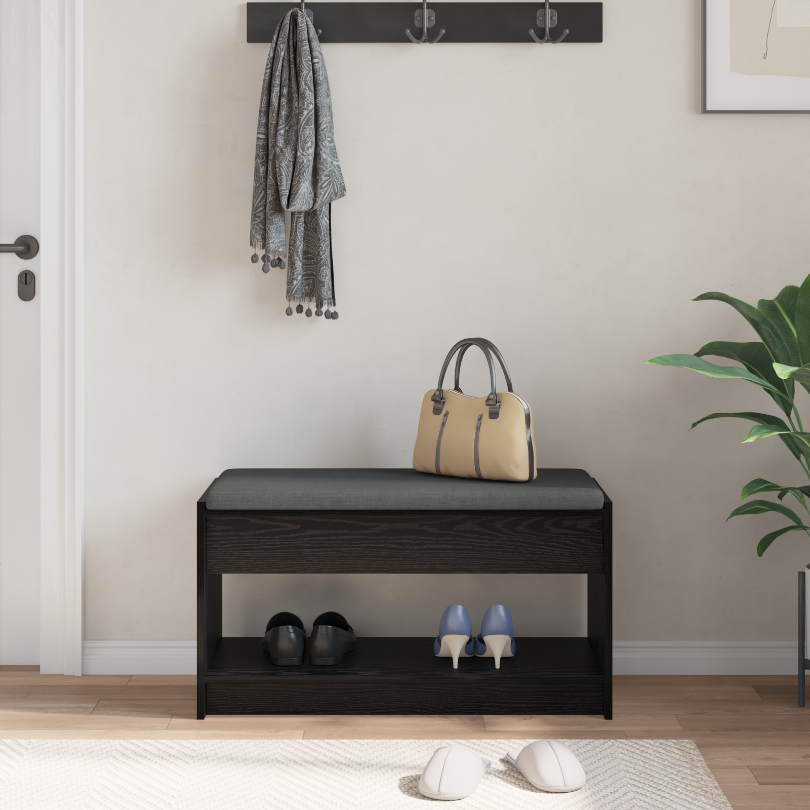 vidaXL Ławka w przedpokoju z poduszką Czarny Dąb 83 x 38 x 45 cm