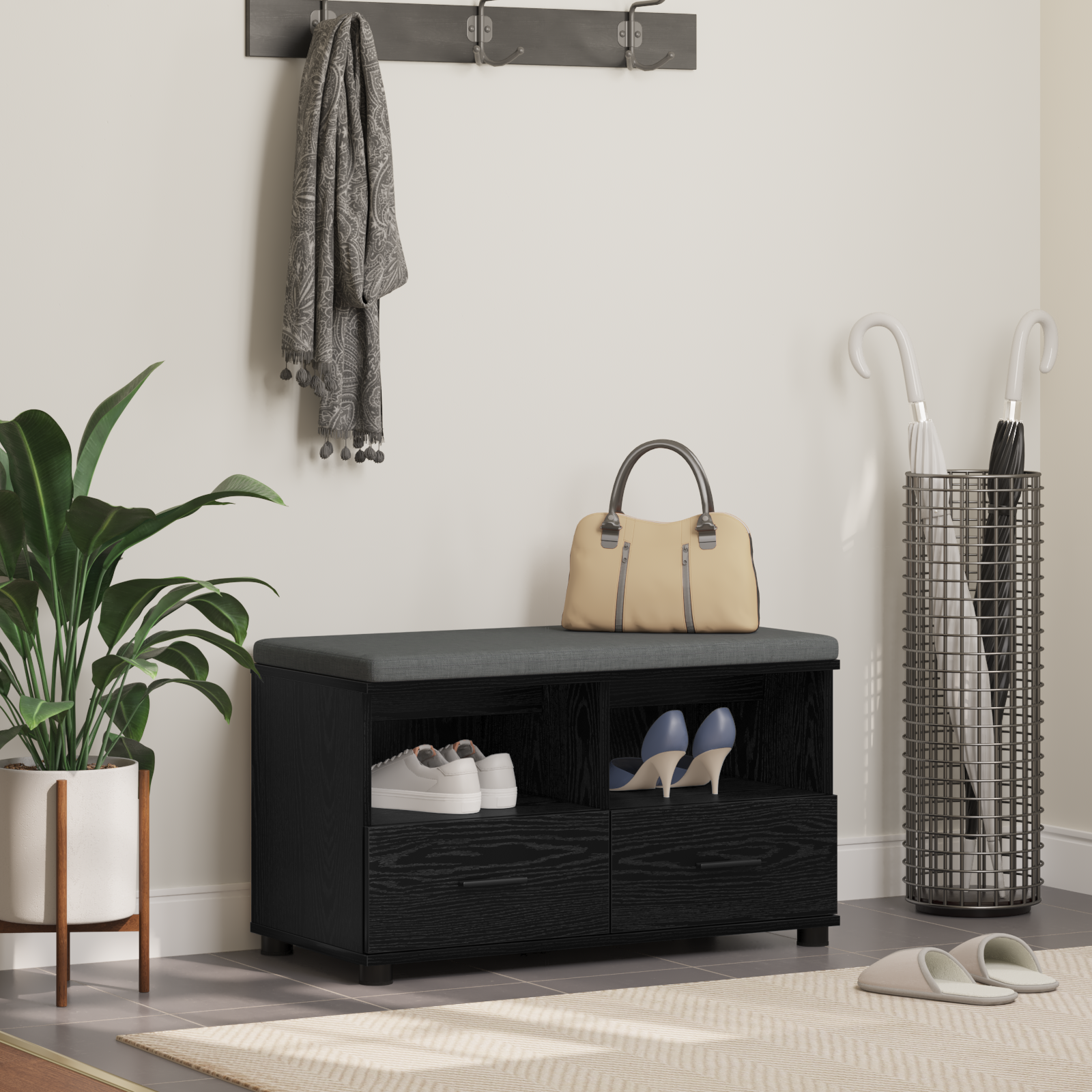 vidaXL Ławka w przedpokoju z poduszką Czarny Dąb 80 x 38 x 46 cm