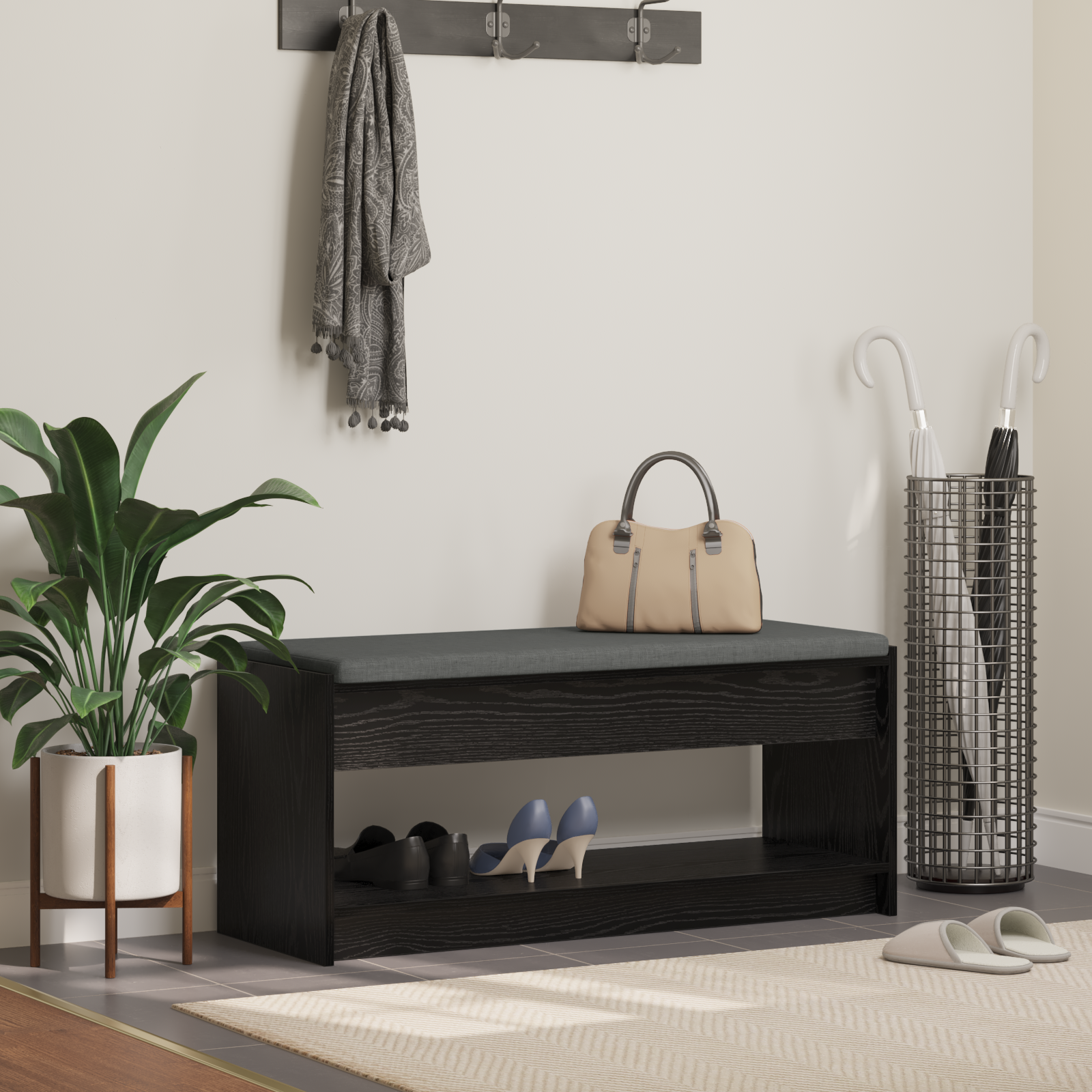 vidaXL Ławka w przedpokoju z poduszką Czarny Dąb 103 x 38 x 45 cm