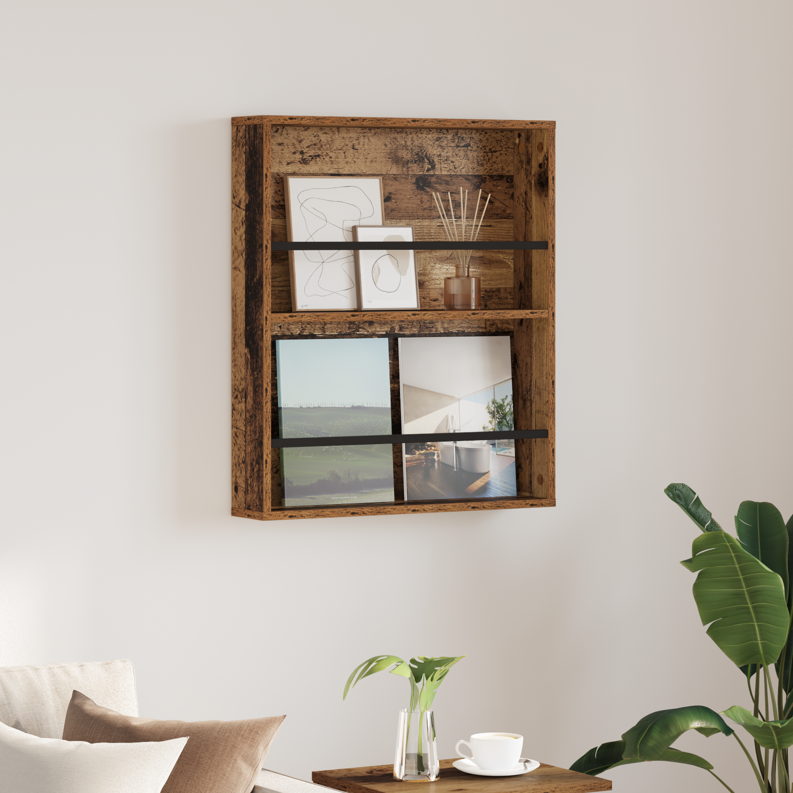 vidaXL Regał na gazety z półką Stare drewno 60 x 12 x 70 cm