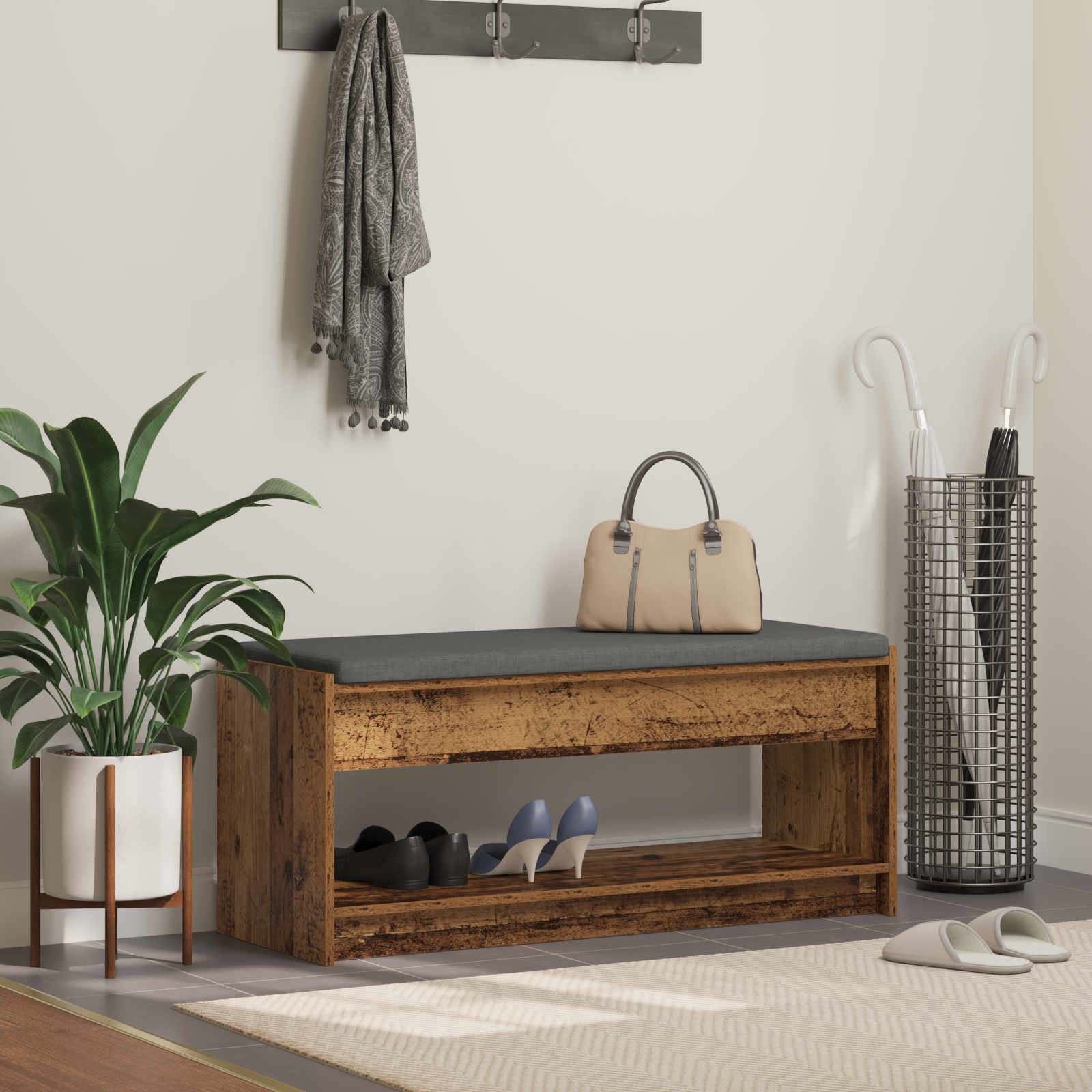 vidaXL Ławka w przedpokoju z poduszką Stare drewno 103 x 38 x 45 cm