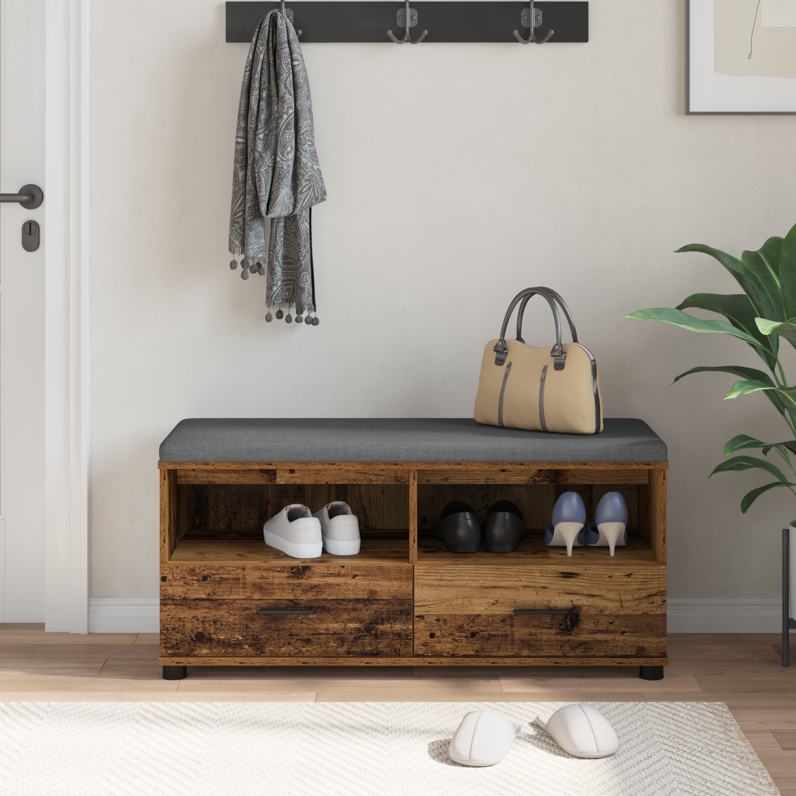 vidaXL Ławka w przedpokoju z poduszką Stare drewno 100 x 38 x 46 cm