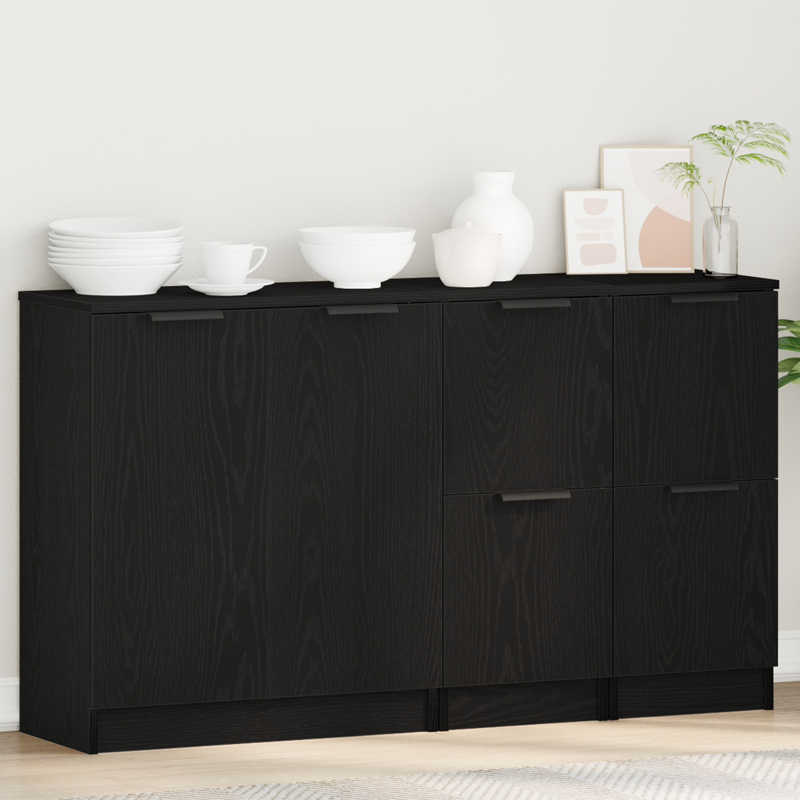 vidaXL Bufet 3 pcs Czarny Dąb Materiał drewnopochodny