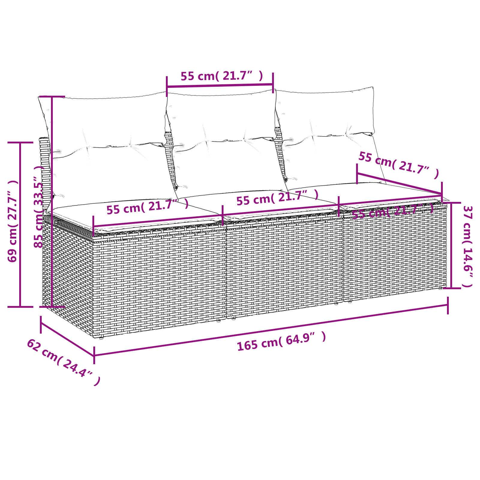 vidaXL | Sofa Ogrodowa | z poduszką Brązowy 165 x 62 x 69 cm Polirattan