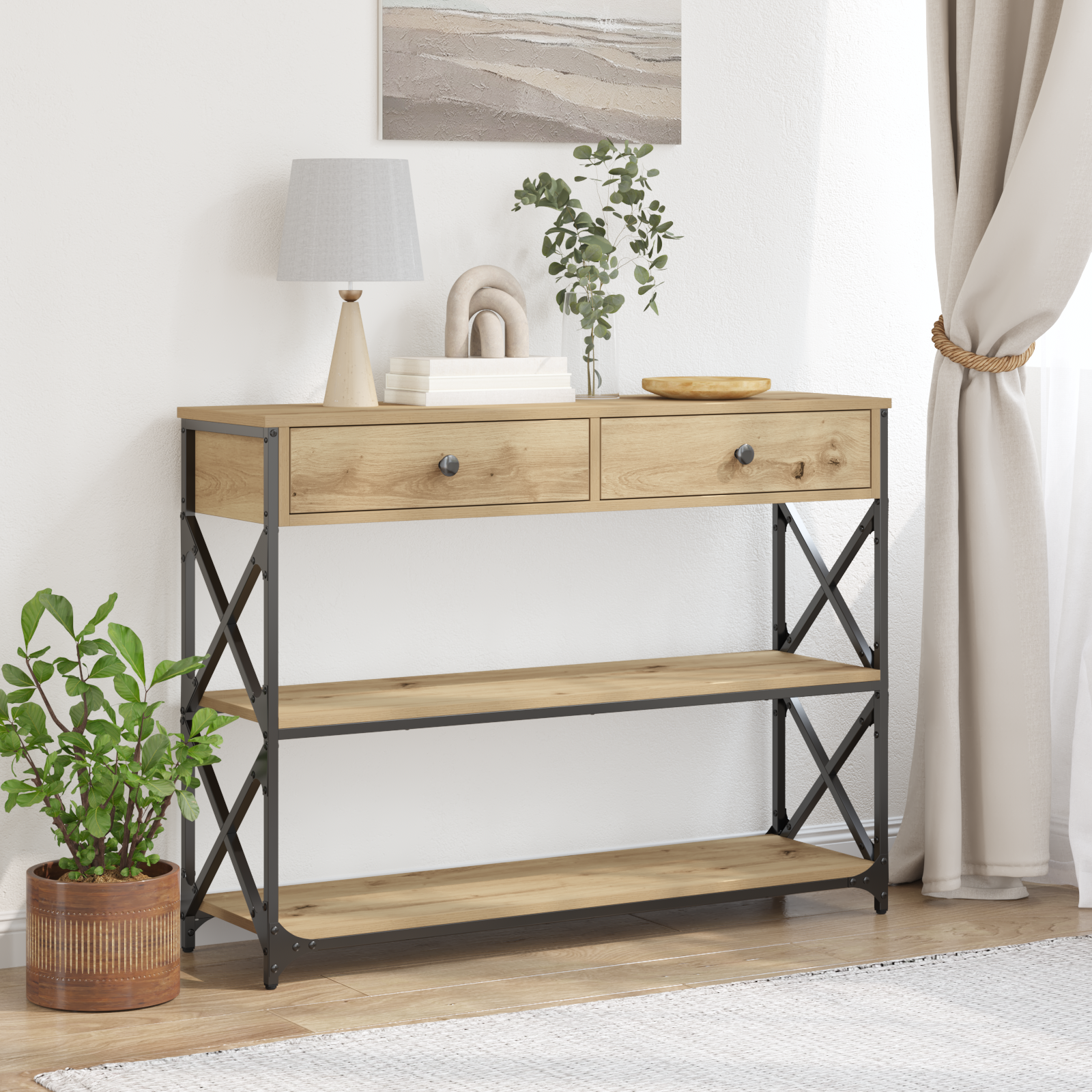 vidaXL Stół Konsolowy z szufladą z półką dąb artisan 100 x 28 x 75 cm