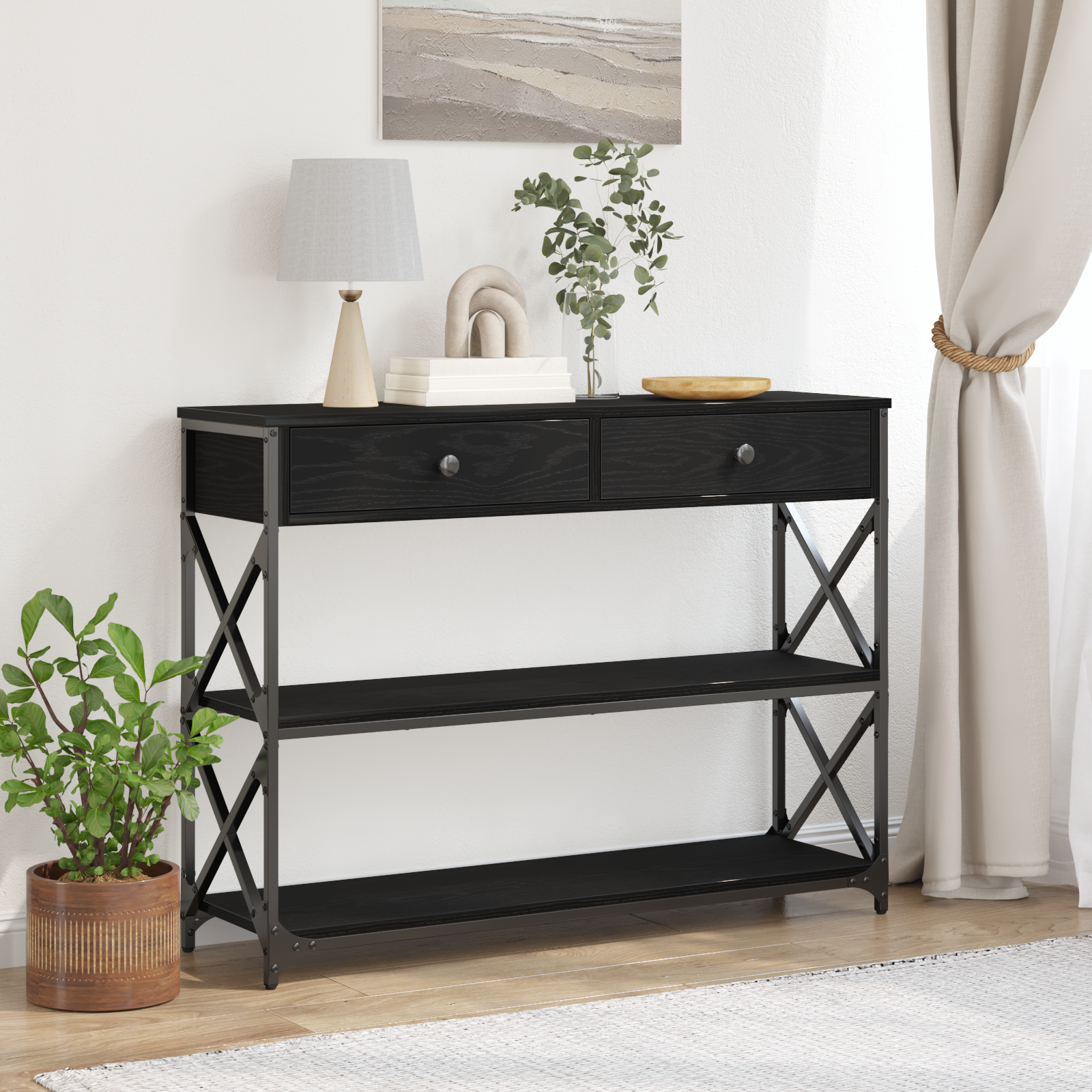 vidaXL Stół Konsolowy z szufladą z półką Czarny dąb 100 x 28 x 75 cm