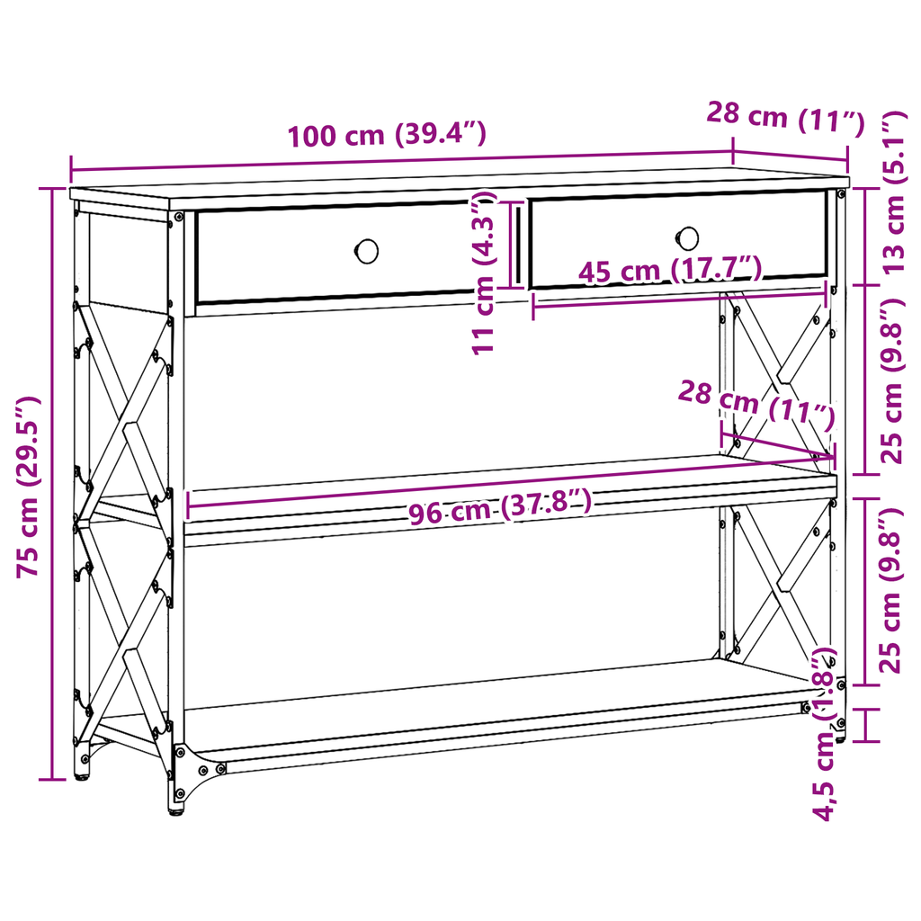 vidaXL Stół Konsolowy z szufladą z półką Czarny dąb 100 x 28 x 75 cm